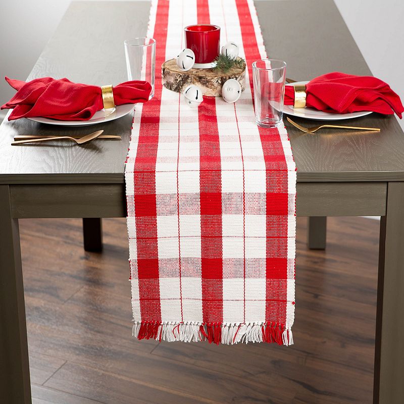 72 Red and White Plaid Rectangular Table Runner with Fringes