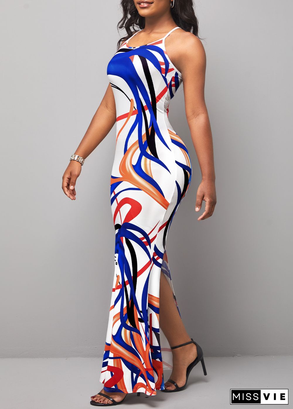 Spaghetti Strap Printed Criss Cross Back Mermaid Dress