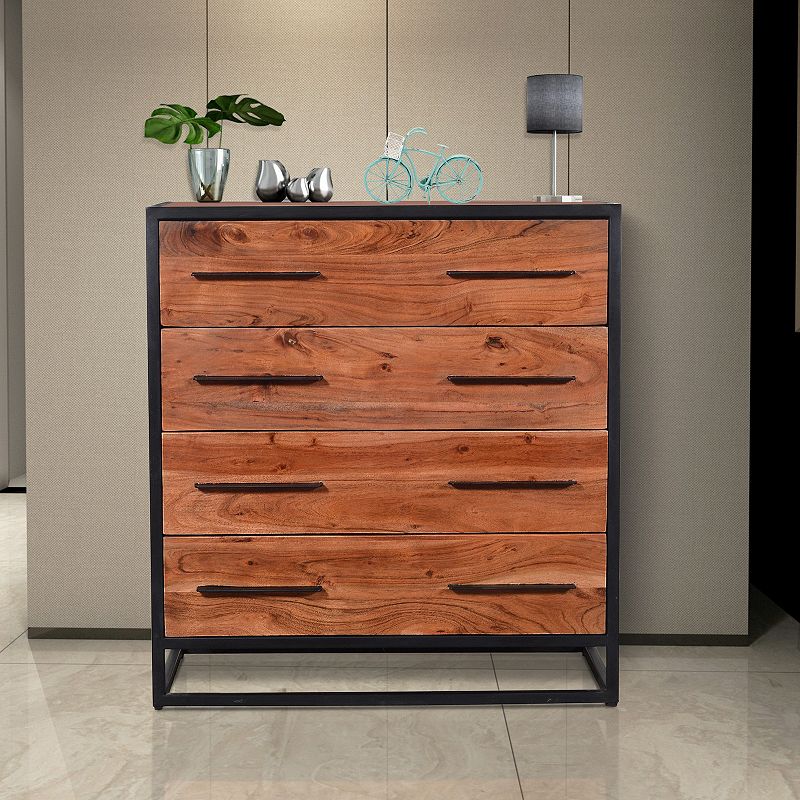 Handmade Dresser with Grain Details and 4 Drawers， Brown and Black