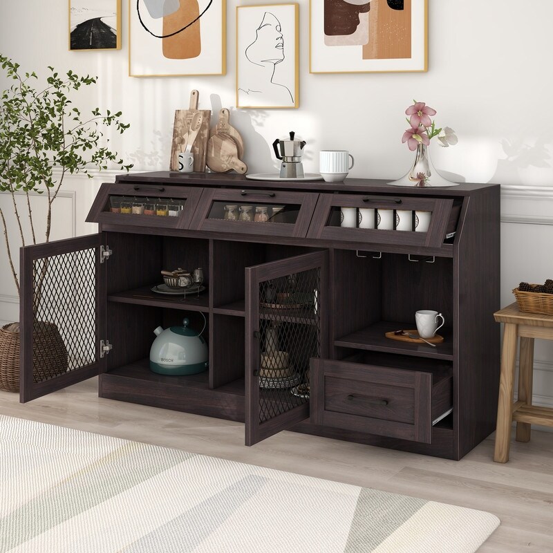 Kitchen Sideboard Multifunctional Buffet Cabinet with 4 Drawers  Wineglass Holders