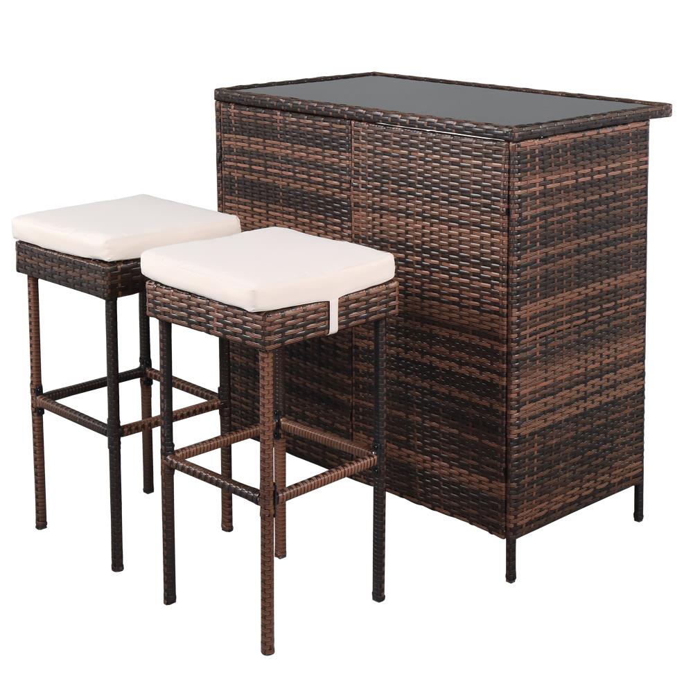 SalonMore 3 Pieces Rattan Wicker Bar Table And Bar Stool Patio Set， Brown Gradient