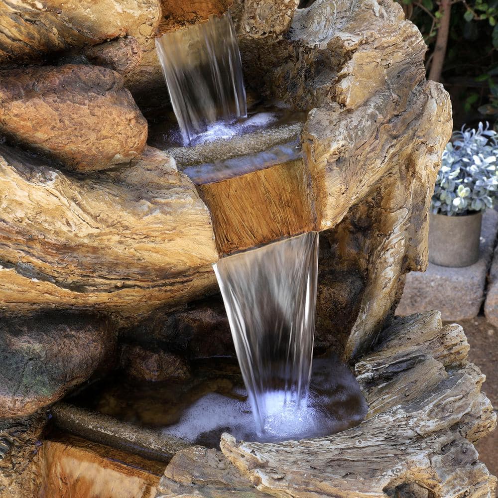 Alpine Corporation 47 in. Tall Outdoor 5-Tier Tree Trunk Waterfall Floor Fountain with LED Lights TZL132