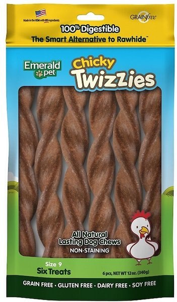 Emerald Pet Chicky Twizzies Grain-Free Dog Treats， 9-in