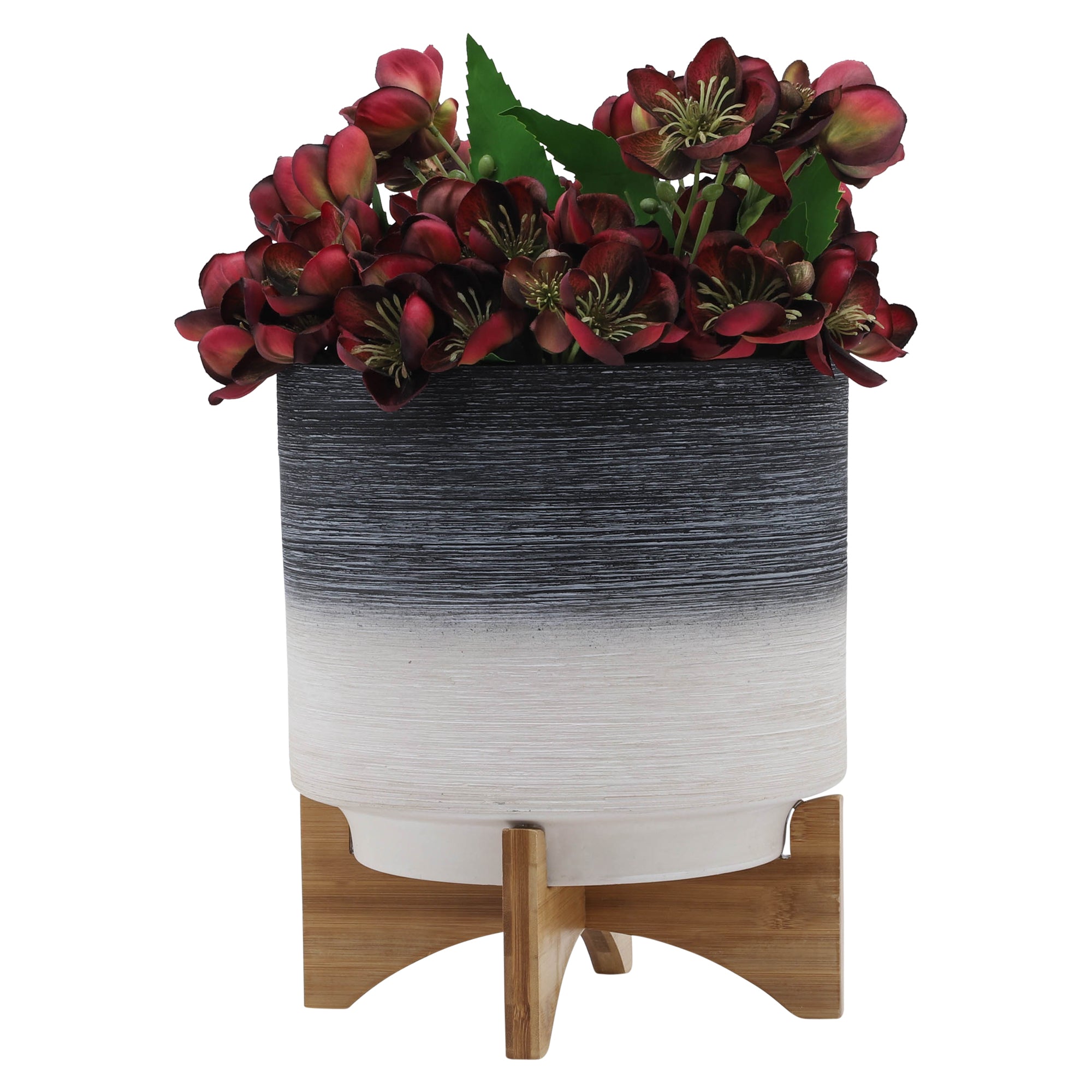 Sagebrook Home Ceramic 10" Planter On Wooden Stand, Gray, Round, Ceramic, Contemporary, 10"L X 10"W X 12"H, Striped