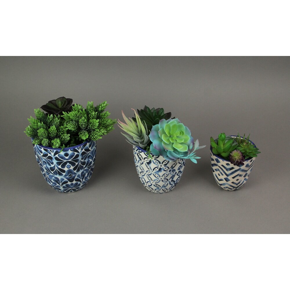 Set Of 3 Blue And White Ceramic Geometric Design Mini Planter Pots   5.5 X 5.5 X 5.5 inches