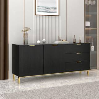 FUFUGAGA 62.9 in. W Black Paint Sideboard Kitchen Buffet Cupboard with Drawers and Shelves Metal Legs KF200156-01-cc