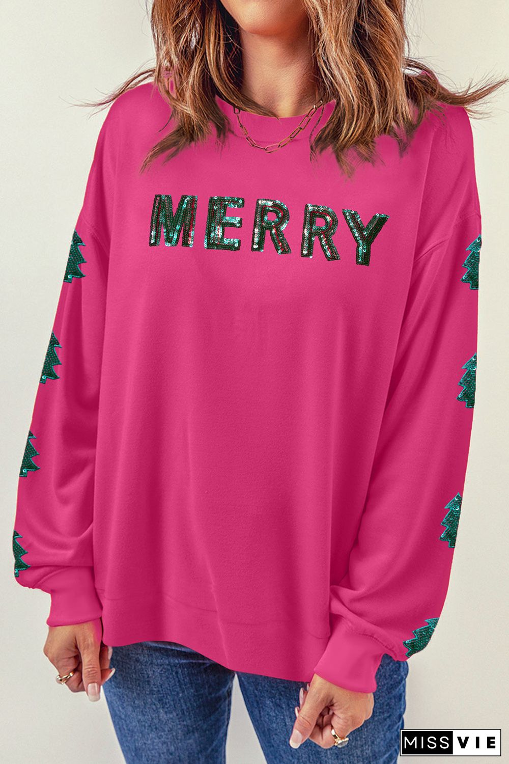 Strawberry Pink MERRY Christmas Tree Sequin Patchwork Sweatshirt