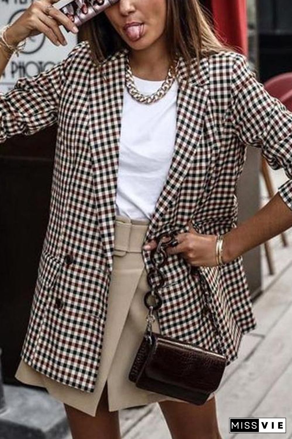 Plaid Button Long Sleeve Blazer