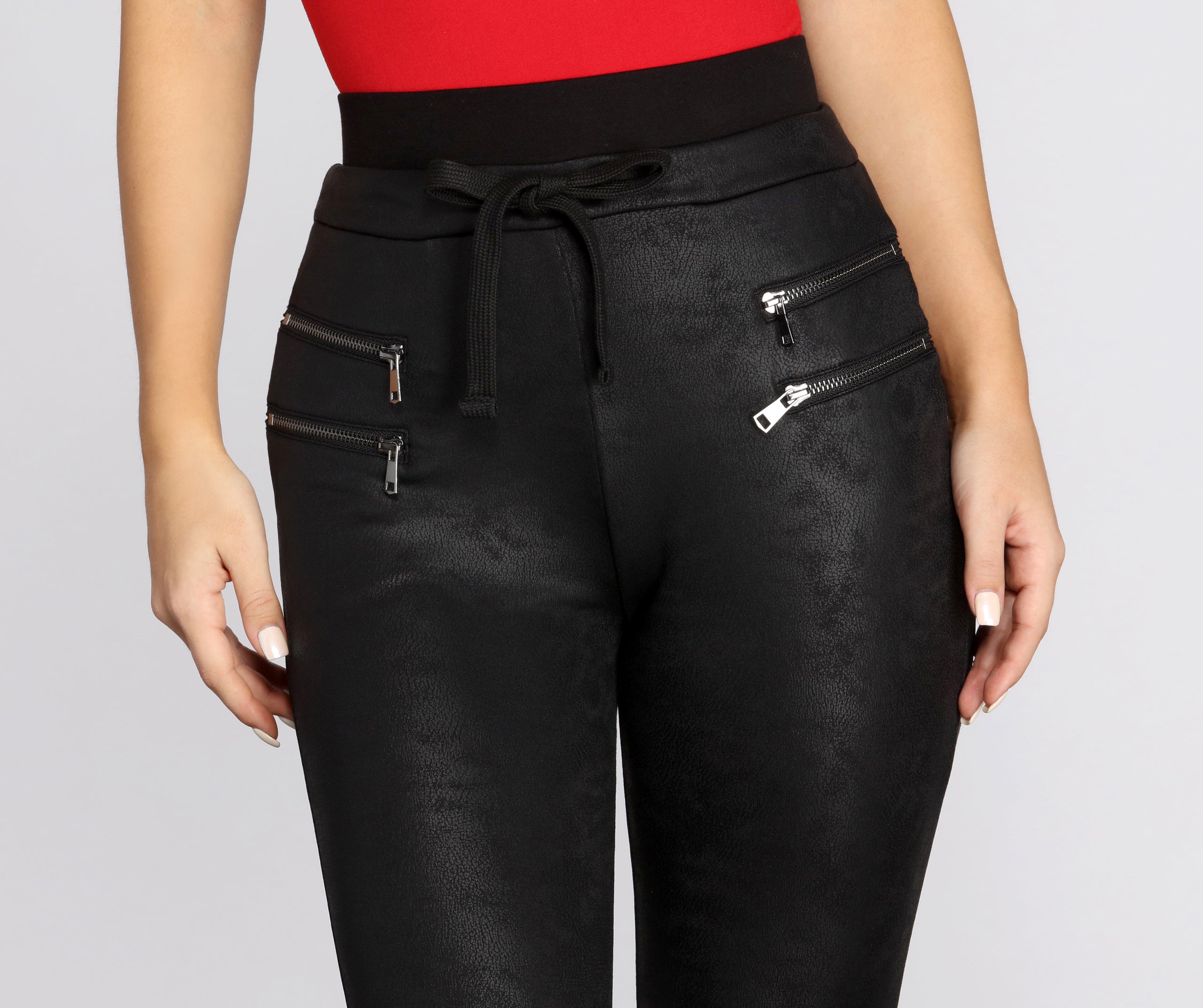 Zippered Faux Leather Joggers