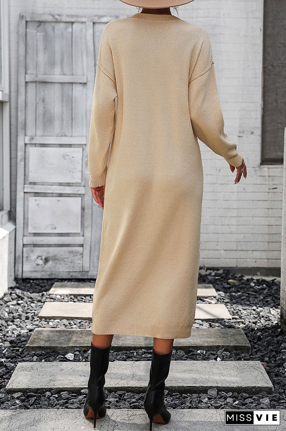 Elegant Solid Buckle O Neck Long Sleeve Dresses