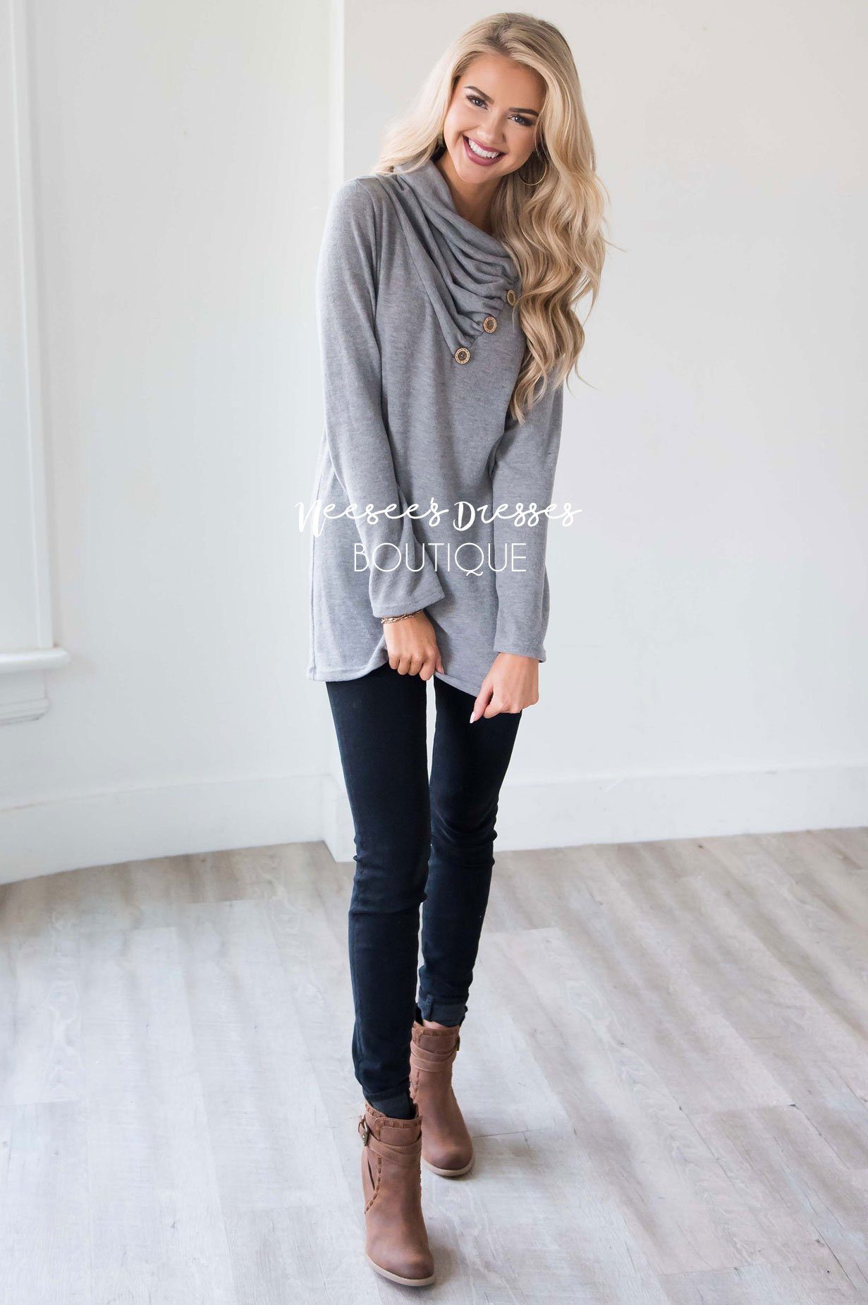 Button Detail Cowl Neck Tunic