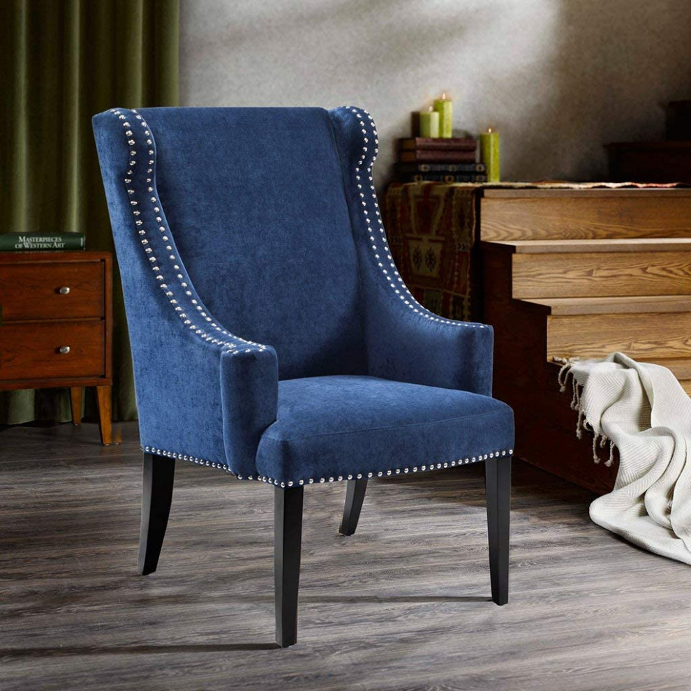 Classic Accent Chair  Blue Navy Faux Velvet Upholstered Seat  ampSilver Nailhead   Transitional   Armchairs And Accent Chairs   by Decorn  Houzz