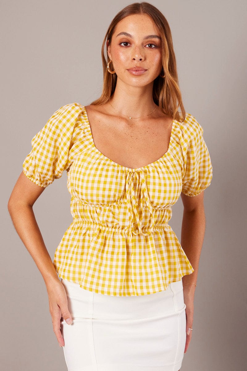 Yellow Check Ruched Peplum Top Short Sleeve