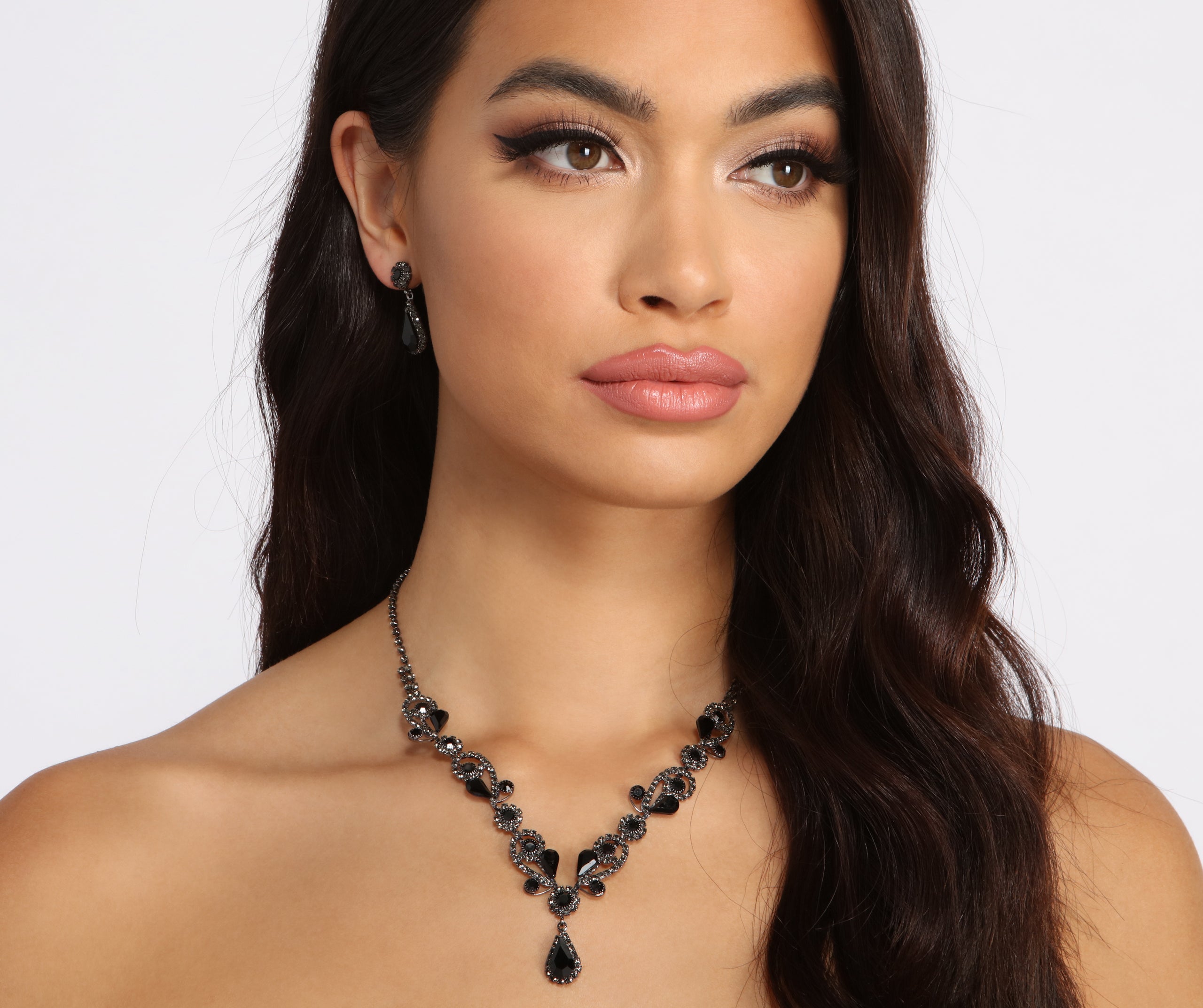 Dark And Stunning Drop Stone Necklace + Earring Set