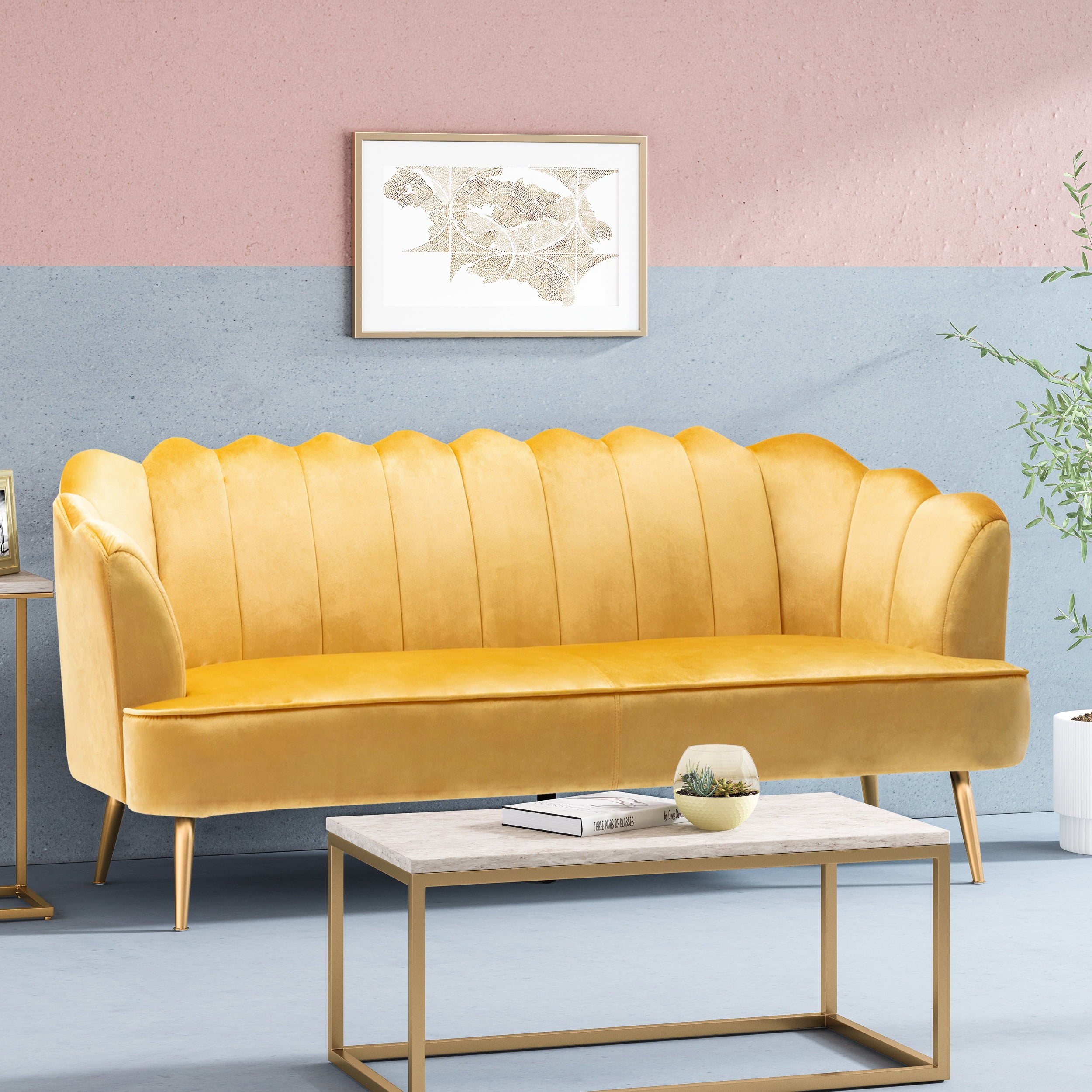 GDF Studio Ohnstad Modern Glam Velvet Channel Stitch 3 Seater Shell Sofa, Honey Yellow and Gold