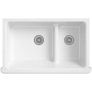 KOHLER Whitehaven Smart Divide Self-Trimming Farmhouse Apron Front Cast Iron 36 in. Double Bowl Kitchen Sink in White K-6427-0