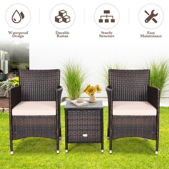 Costway 03548729 3 Pcs Outdoor Rattan Wicker Furni...