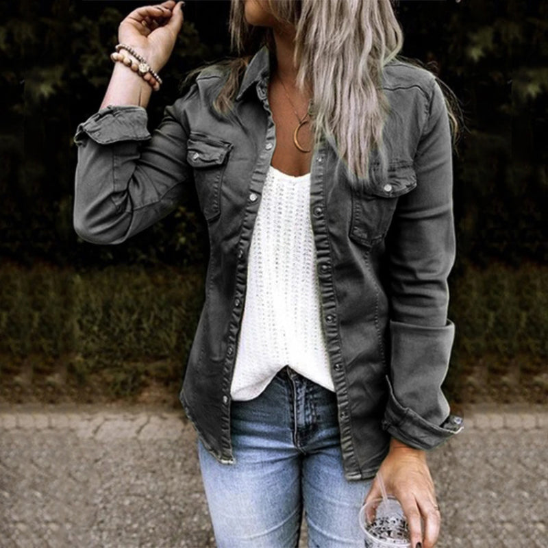 Solid Color Lapel Neck Pleated Denim Jacket