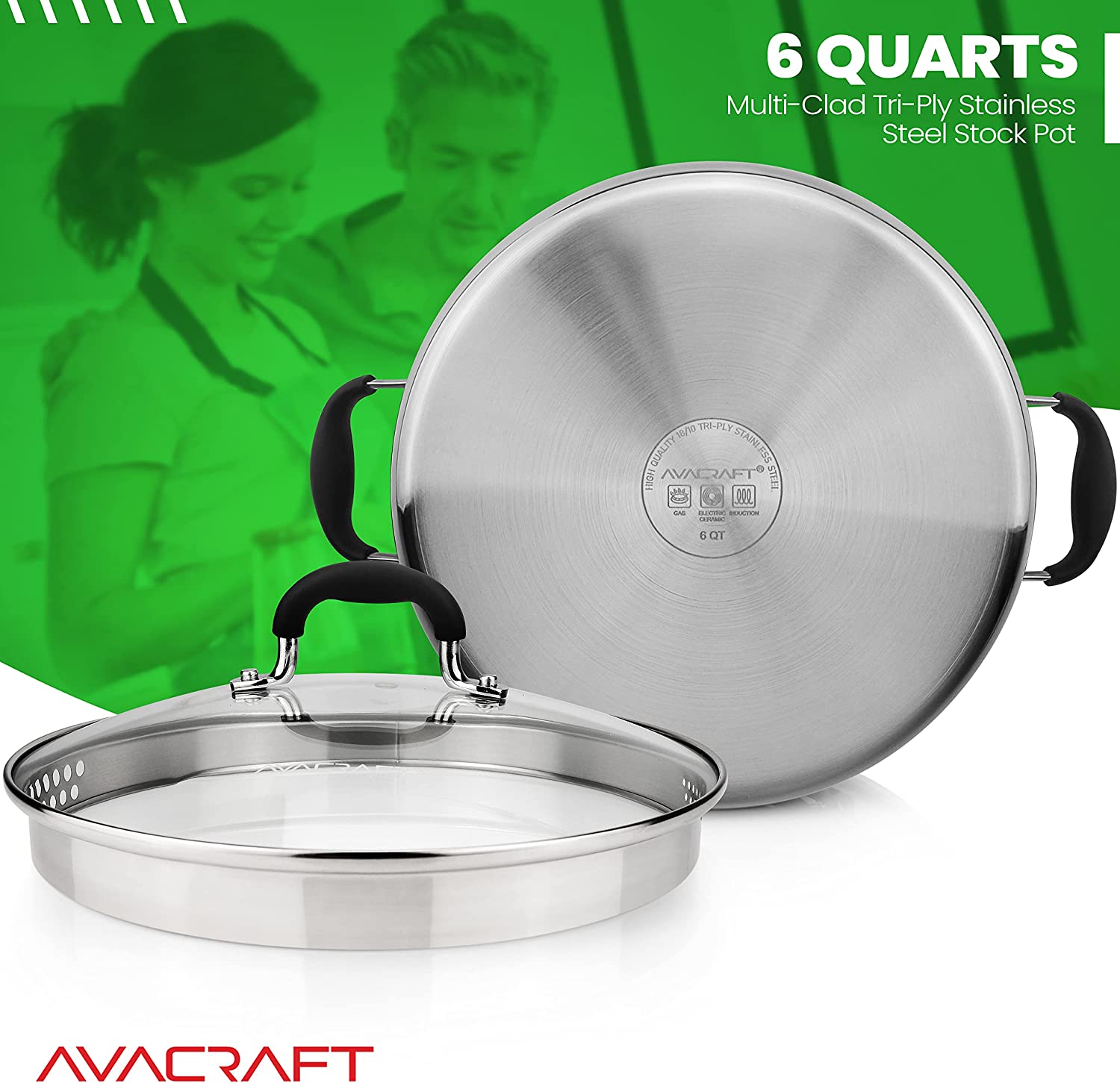 AVACRAFT Tri-Ply Stainless Steel Stockpot with Glass Strainer Lid， Side Spouts， 6 Quart Pot， Multipurpose Stock Pot， Sauce Pot (Tri-Ply Full Body， 6 QT)