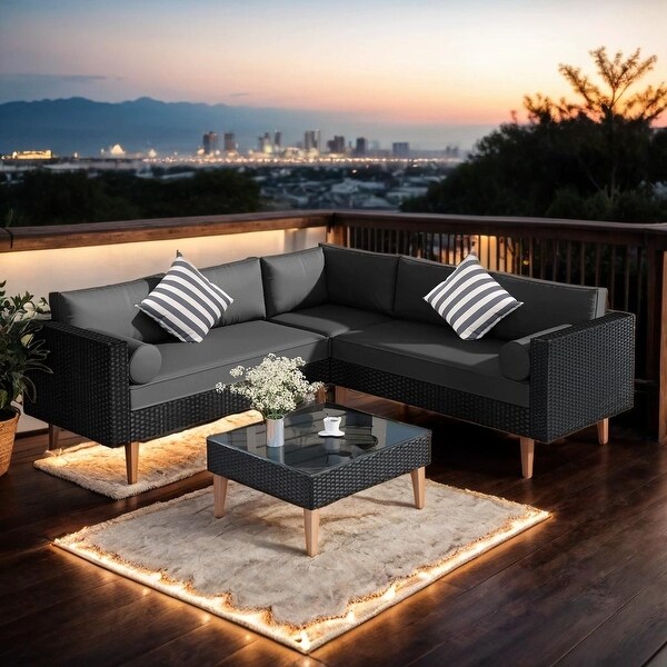 Elegant 4pieces Outdoor Wicker Sofa Set，Patio Furniture with Colorful Pillows，Lshape sofa set，Black cushions and Brown Rattan