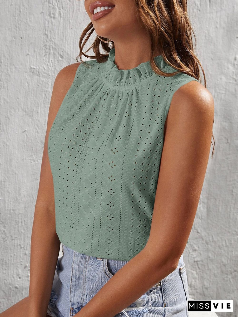 Eyelet Pattern Frill Collar Sleeves Tank Top