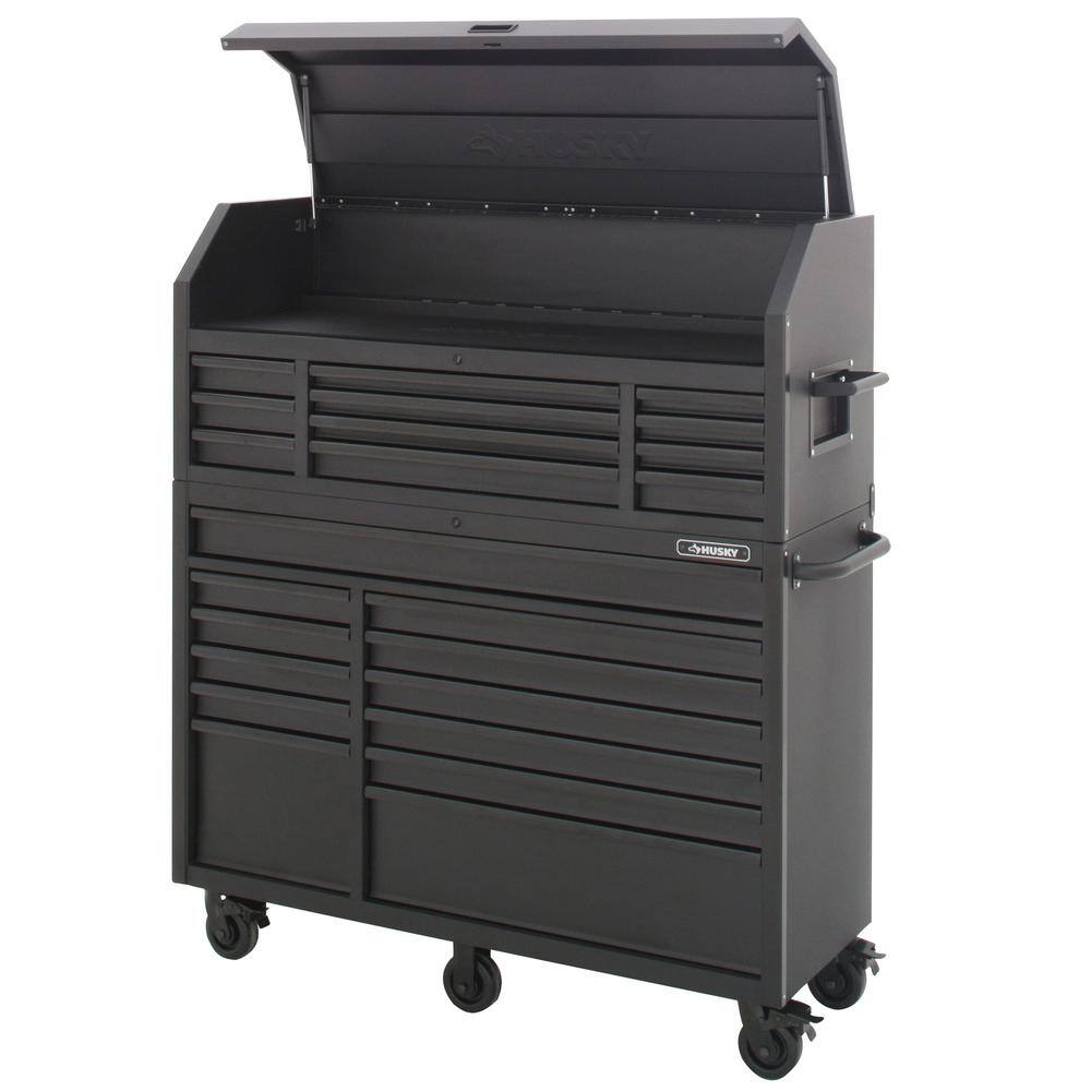 Husky 56 in. W x 22 in. D Heavy Duty 23-Drawer Combination Rolling Tool Chest and Top Tool Cabinet Set in Matte Black HOTC5623BB2S