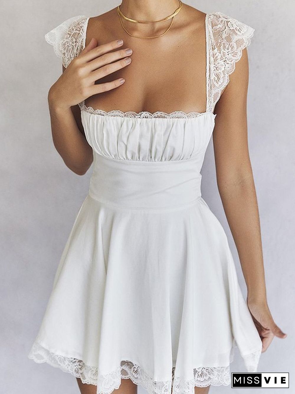 Tie Back Lace Trim White Mini Dress