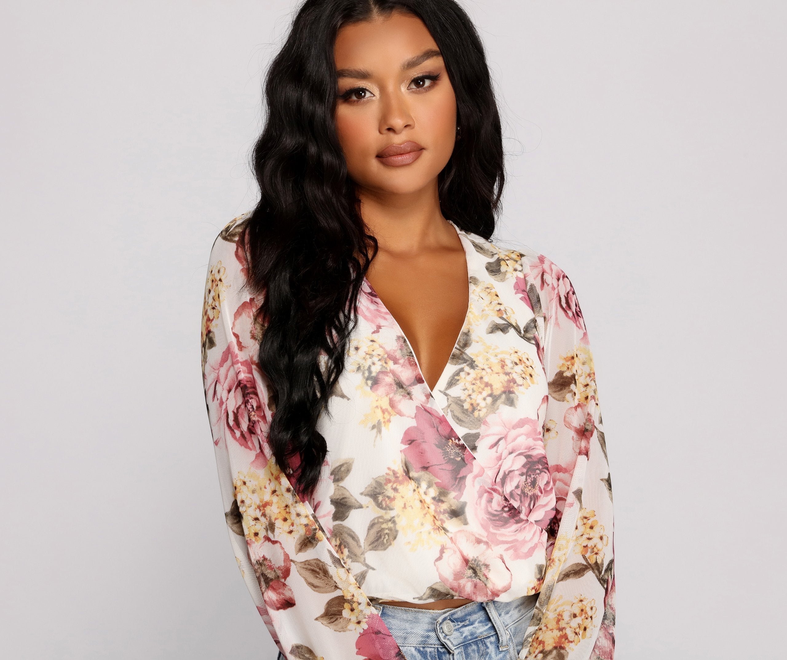 Floral Rush Surplice Mesh Top