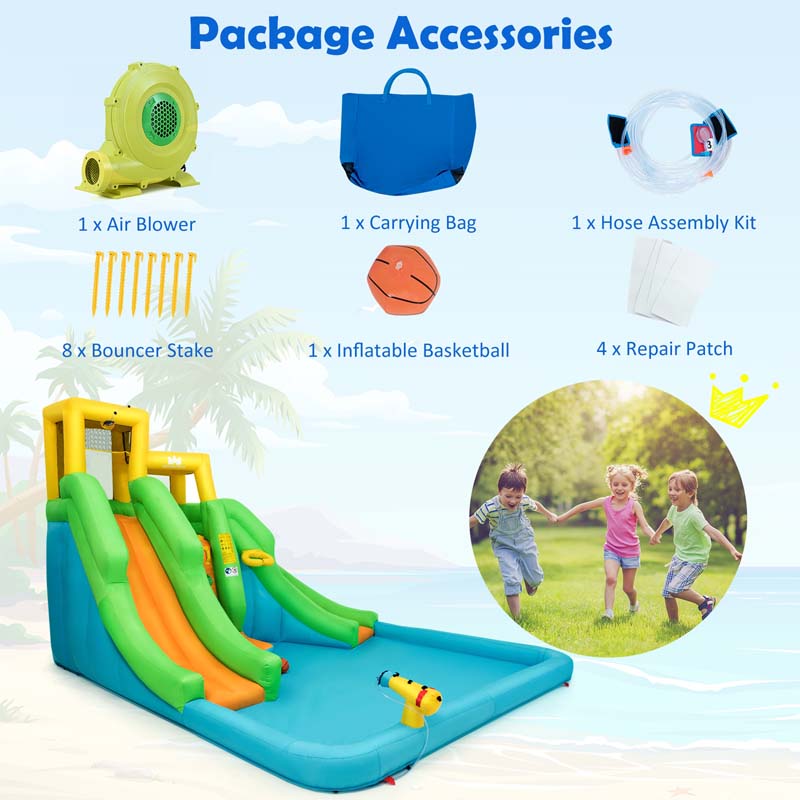 6-in-1 Kids Inflatable Bounce House Dual Slides Water Park with Climbing Wall, Splash Pool, Water Cannon, Air Blower