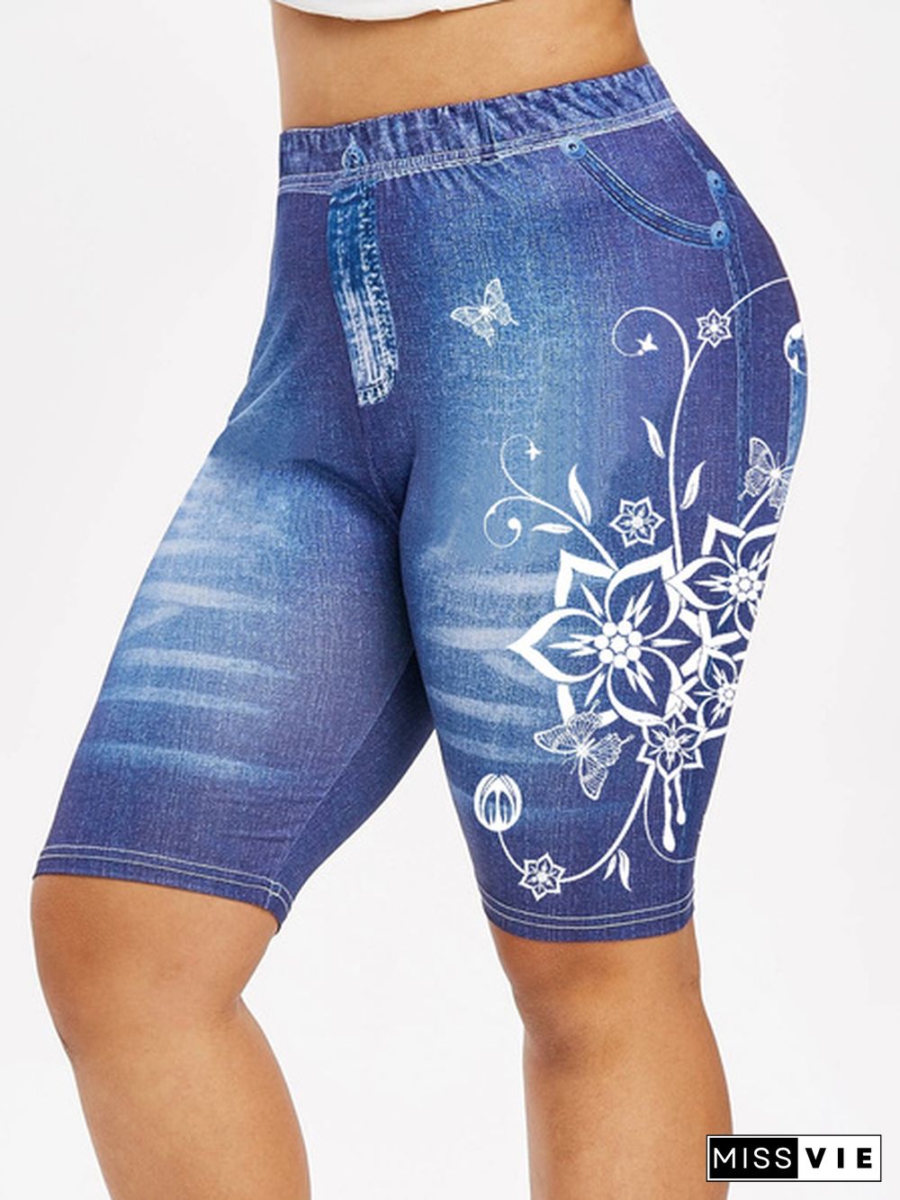 New Women's Fashion Plus Size 3D Floral Print Shorts Jeggings Denim Leggings Shorts