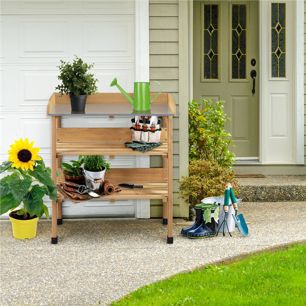 Yaheetech Outdoor Potting Bench Table Garden Wooden Potting Station with Storage Shelf, Natural Wood