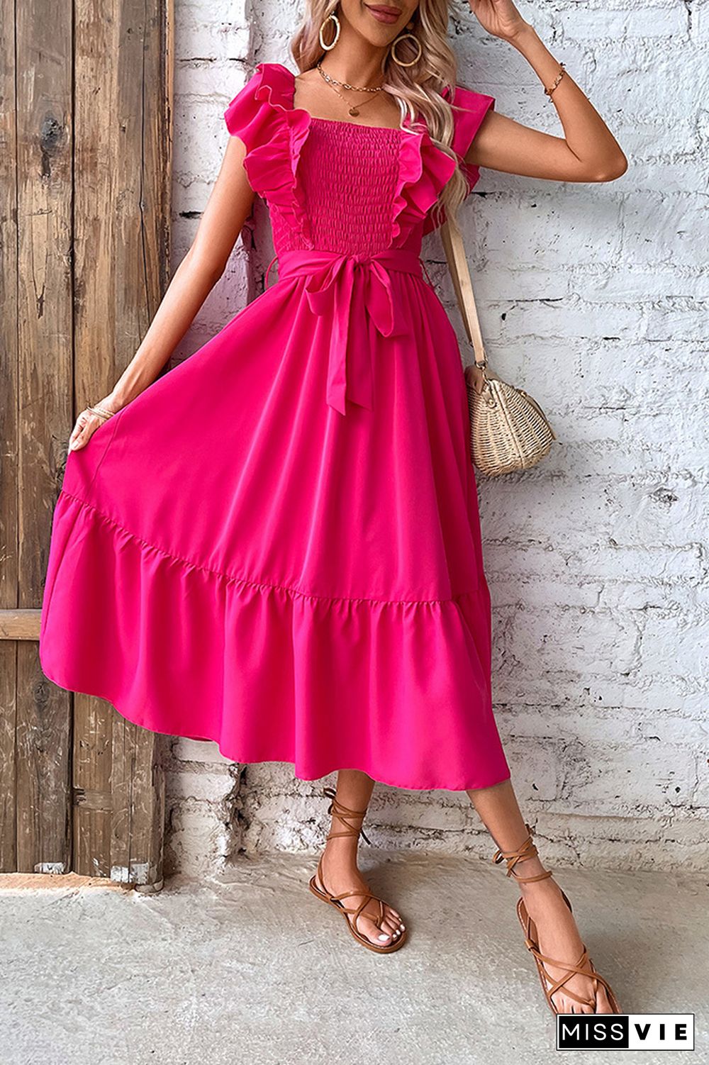 Rose Smocked Ruffles Midi Dress With Sash