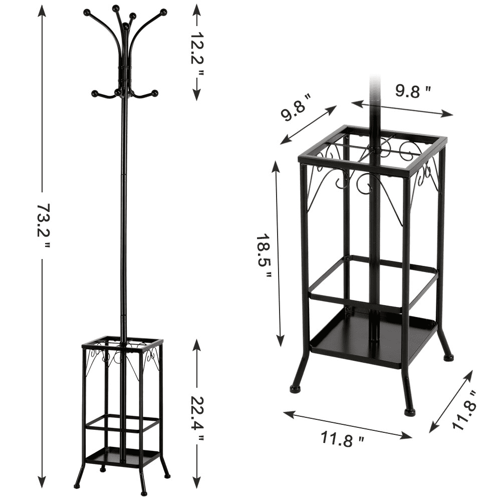 8 Hook Coat Hat Rack/Tree With Umbrella Holder， Black