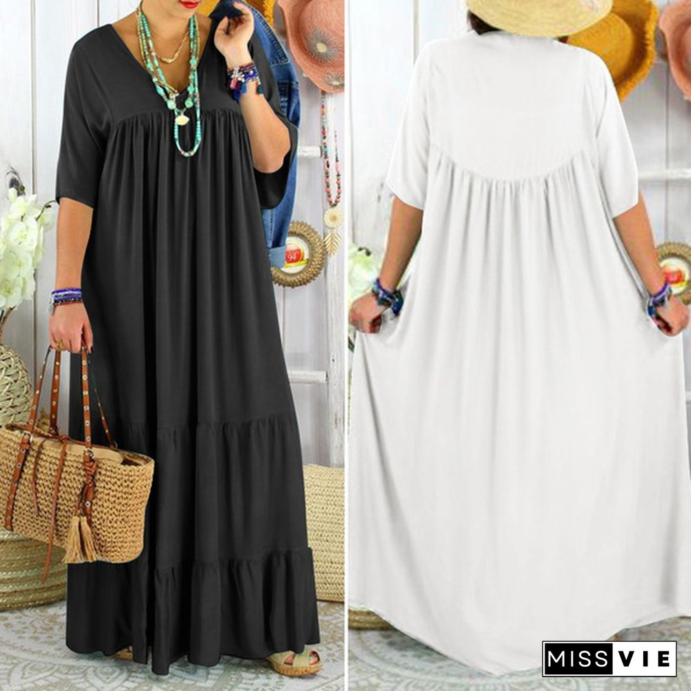 Women's Fashion Maxi Dress Casual Short Sleeve V Neck Loose Pleated Tunic Dress Kaftan Dress Kleid Plus Size