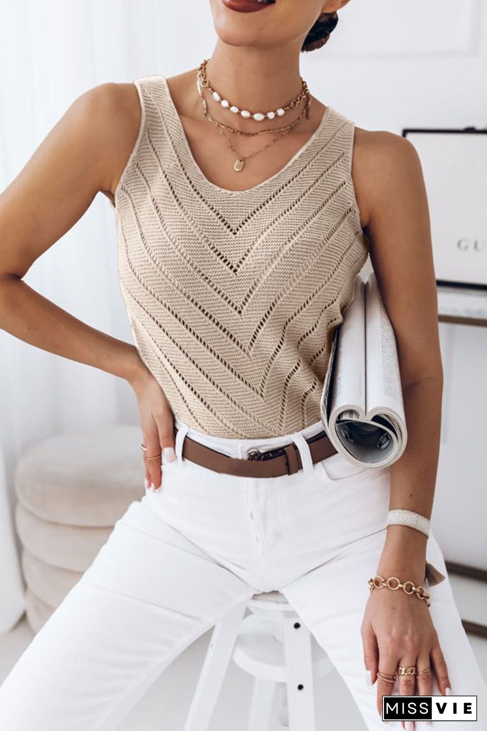 Khaki Chevron Hollowed Knit Tank Top