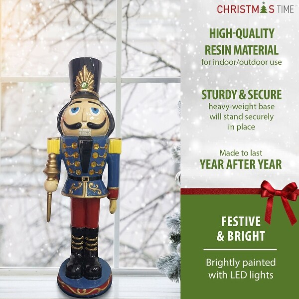 Christmas Time 3Ft. Nutcracker Toy Soldier Holding a Staff，Resin Figurine w/ LED Lights，Christmas Decor，Blue