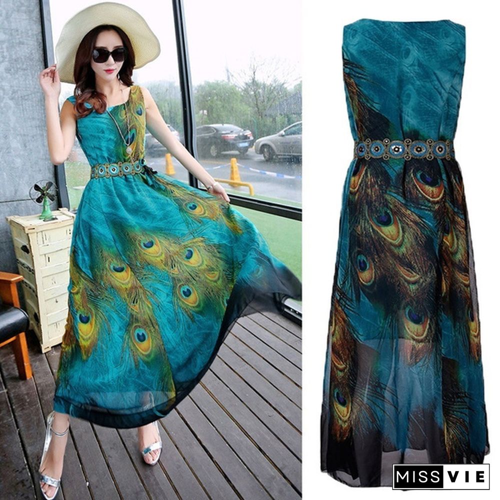 Women Chiffon Plus Sleeveless Tunic Peacock Floral Long Maxi Dress Sundress