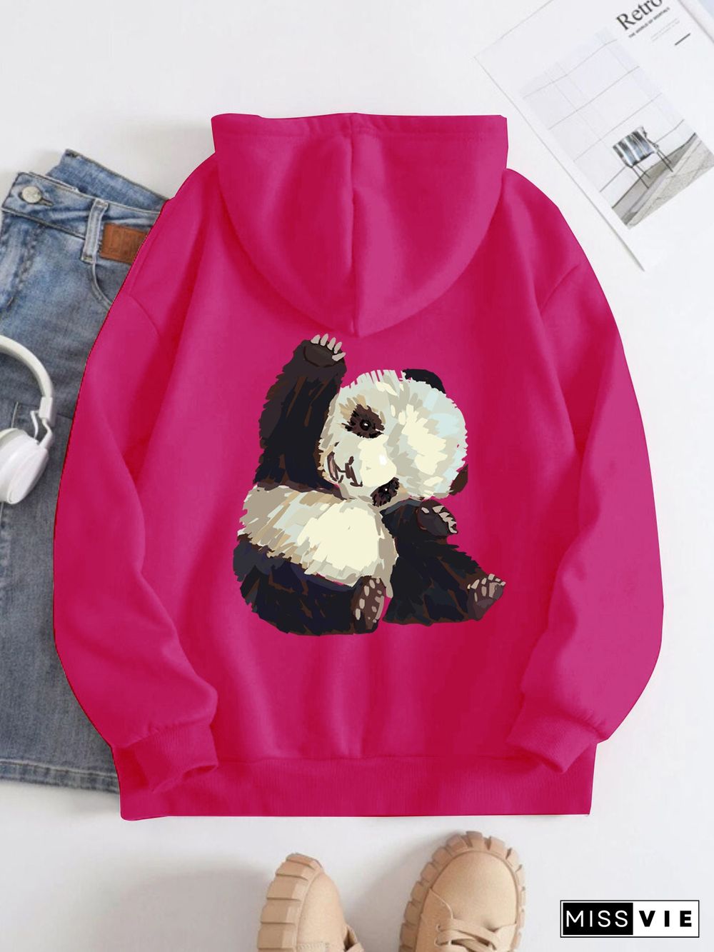 Printed on the Back Kangaroo Pocket Hoodie Long Sleeve for Women Pattern Panda