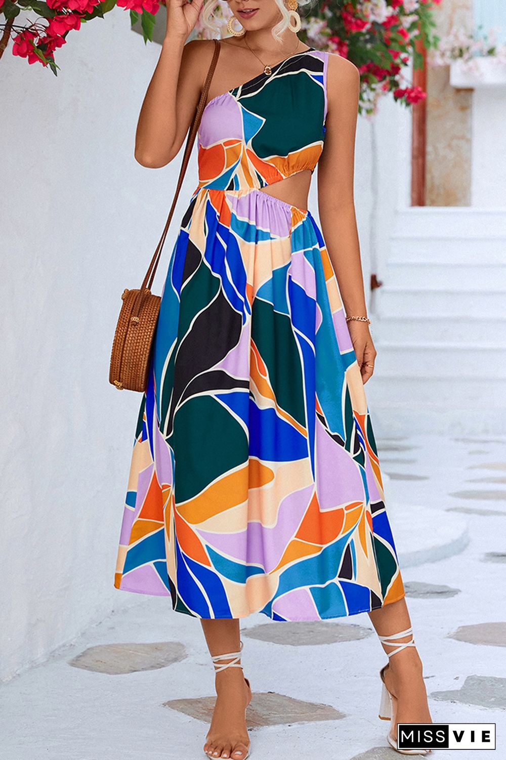 One Shoulder Cut Out Waist Floral Dress