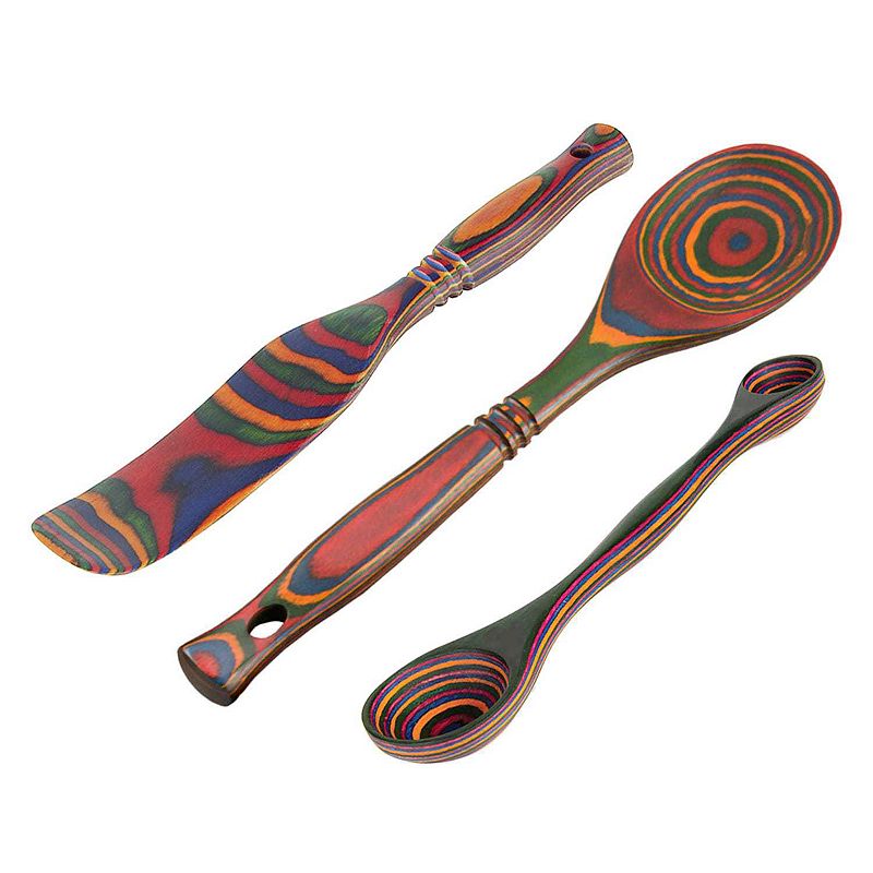 Island Bamboo Pakkawood Kitchen Utensils 3 Piece Set， Rainbow