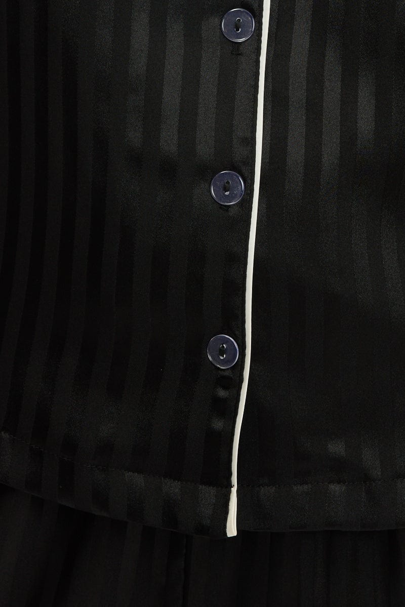 Black Stripe Satin Pyjamas Set Short Sleeve