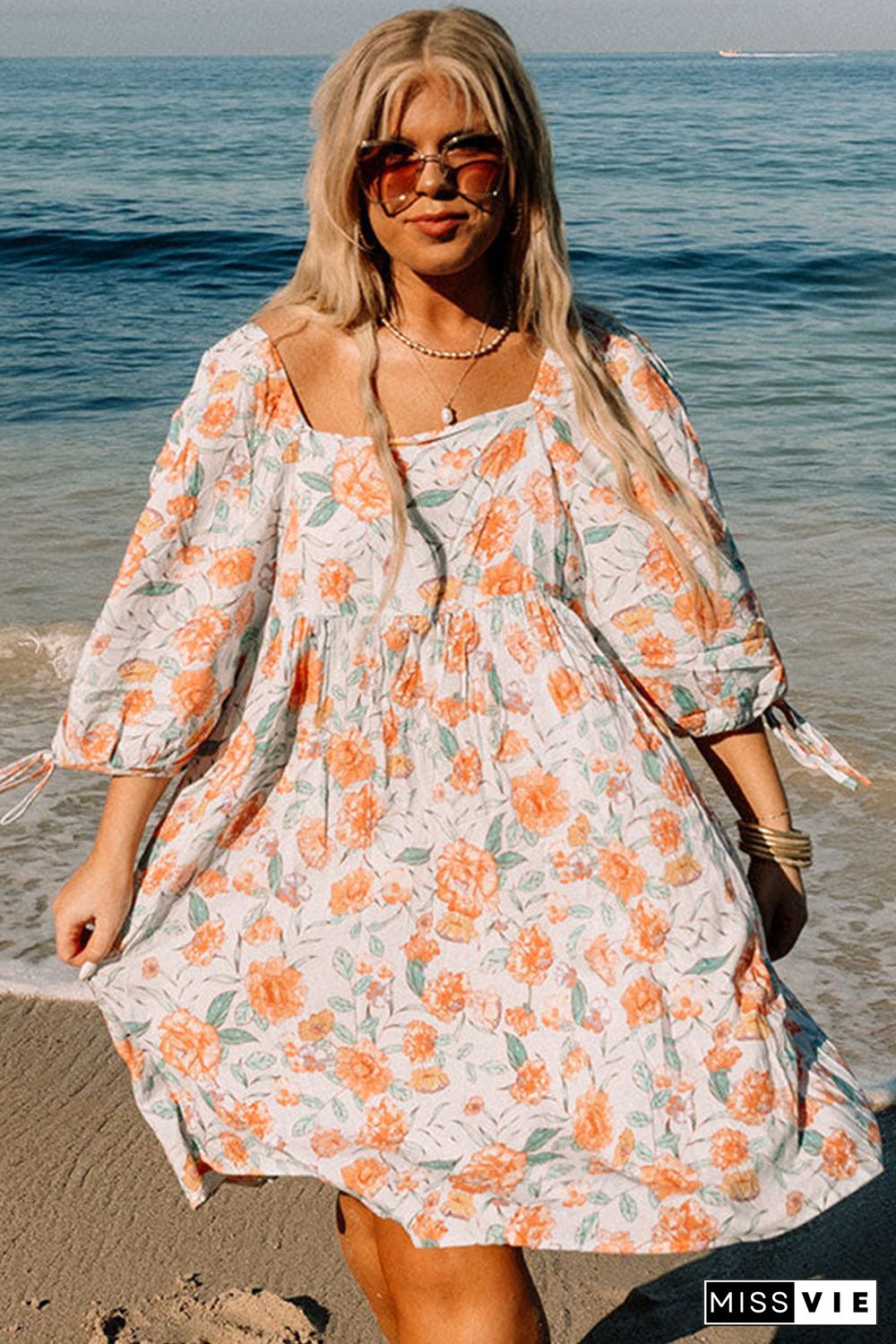 Orange Plus Size Square Neck Tie Sleeve Floral Dress