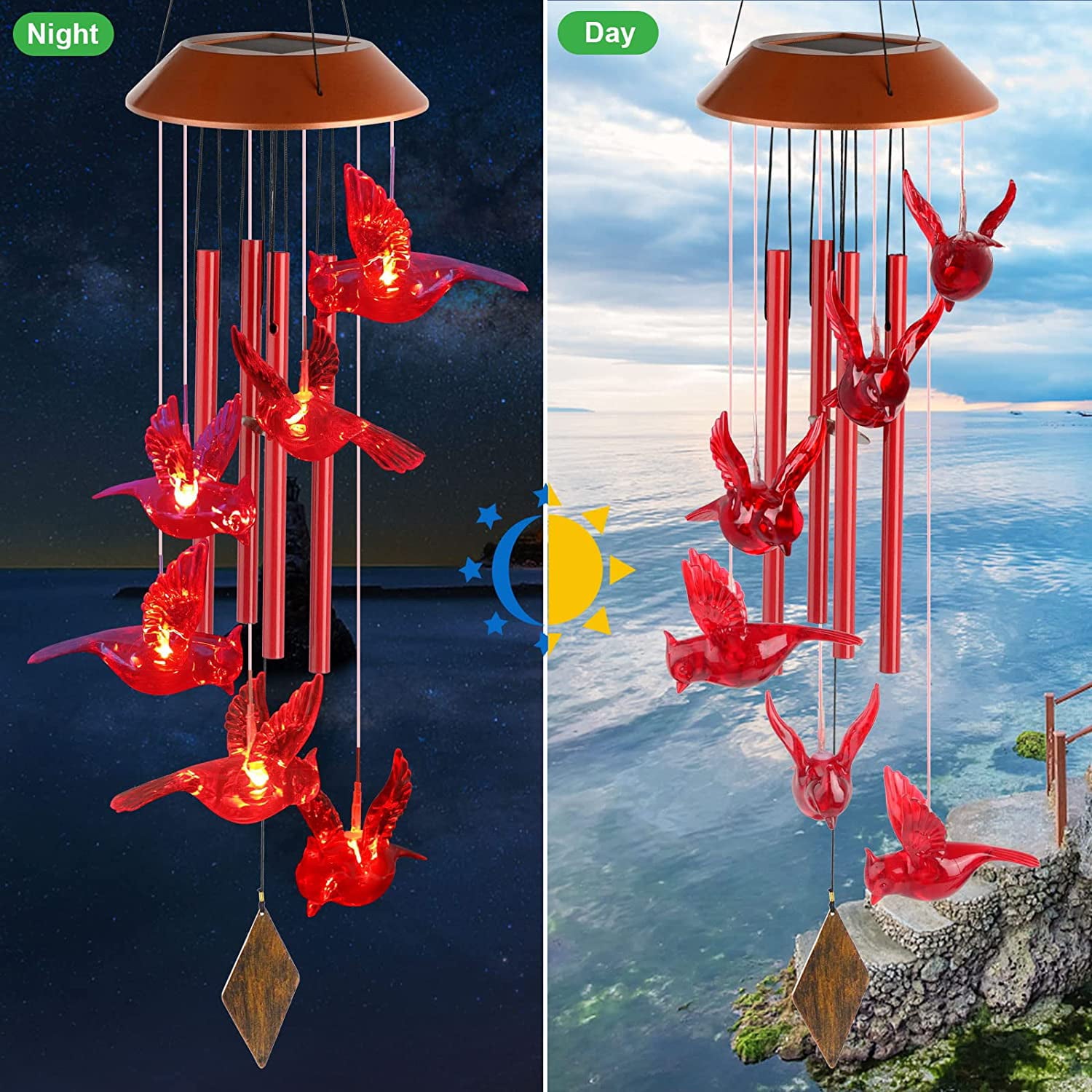 Kyoryuger Solar Cardinal hanging Wind Chimes， Solar Powered Cardinal LED Light，for Outdoor Indoor decor(Red Cardinal）