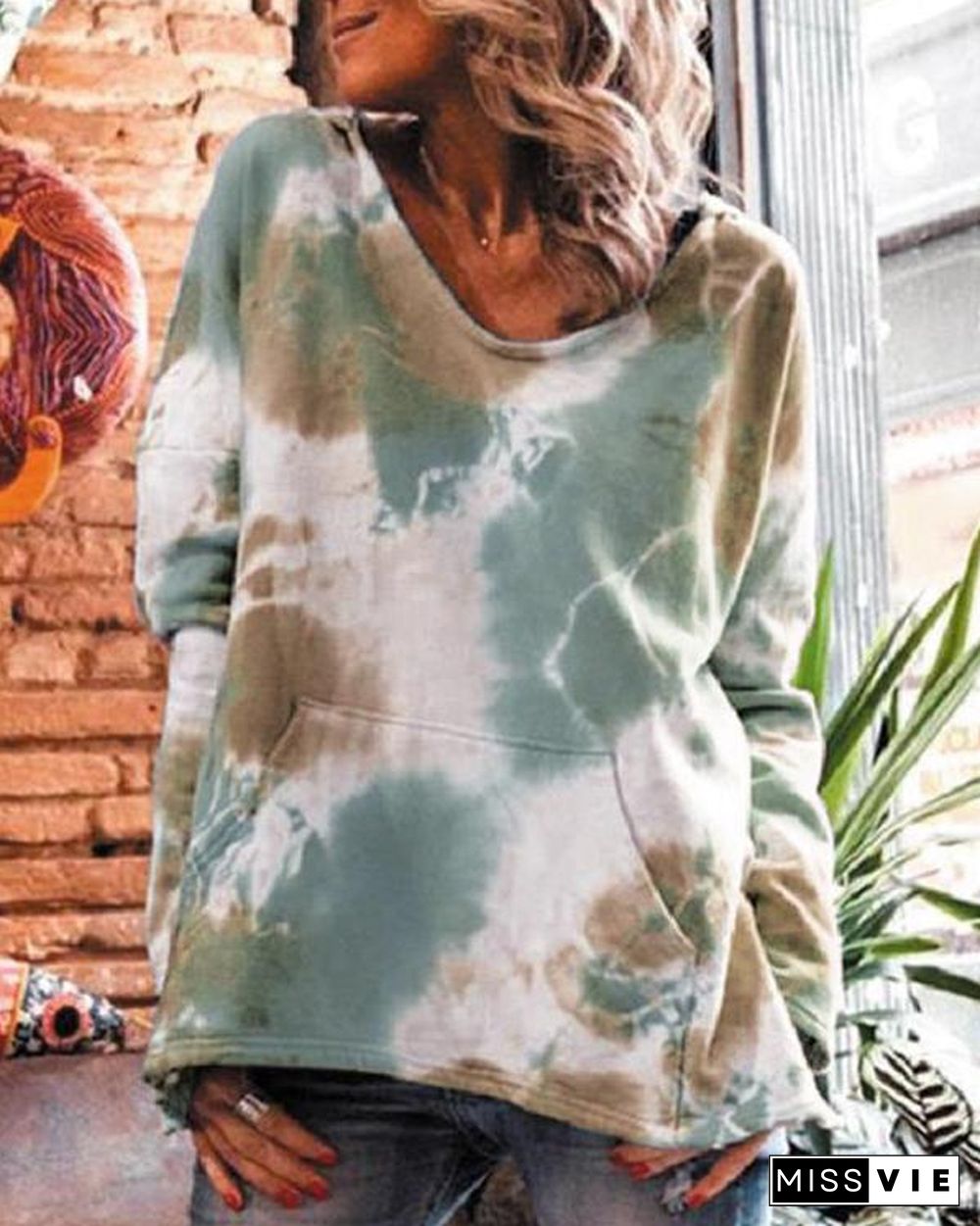 Women's Fashion Tie Dye Pocket Hoodie Sweatshirt