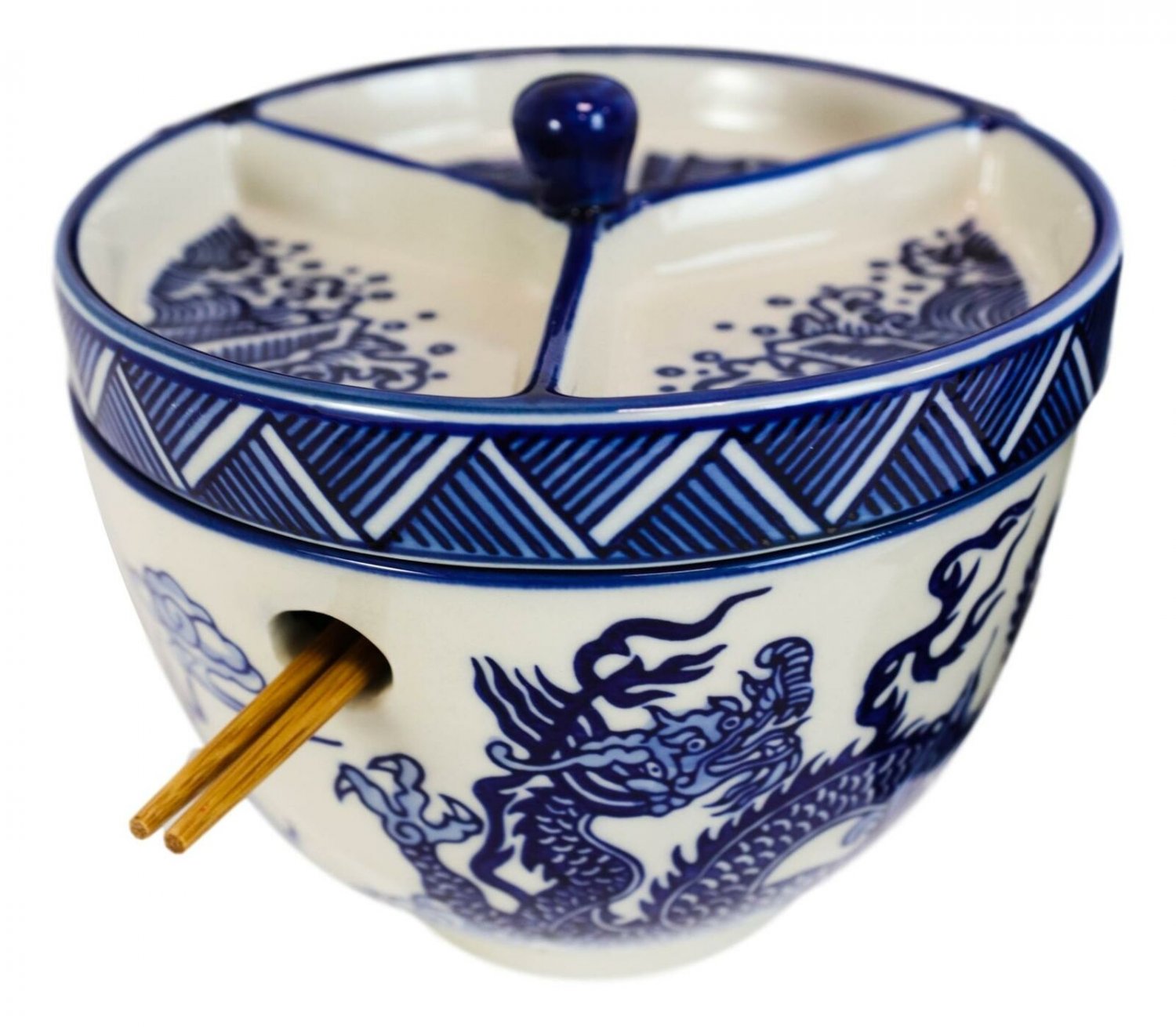 1 Blue White Dragon Ramen Bowl With Tempura Divider Condiment Lid Chopsticks Set EBR02