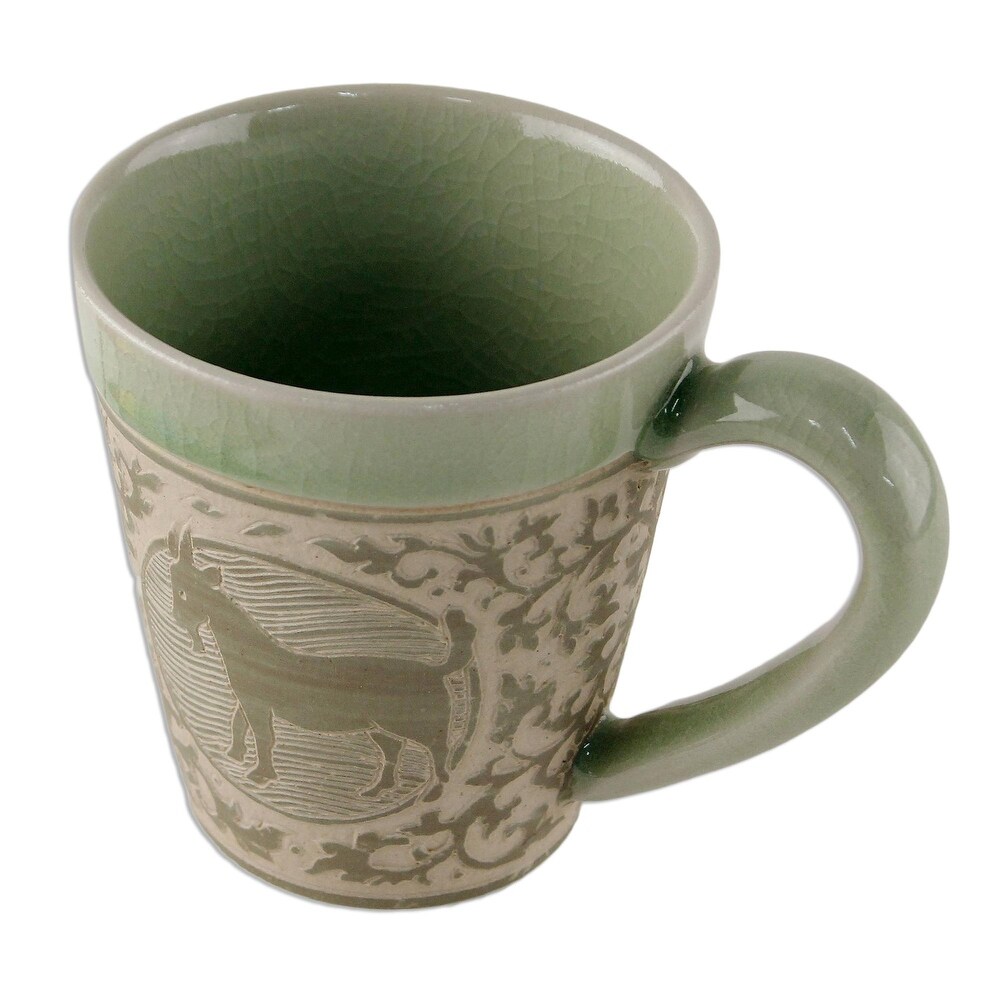 Handmade Thai Zodiac Goat Celadon ceramic mug (Thailand)