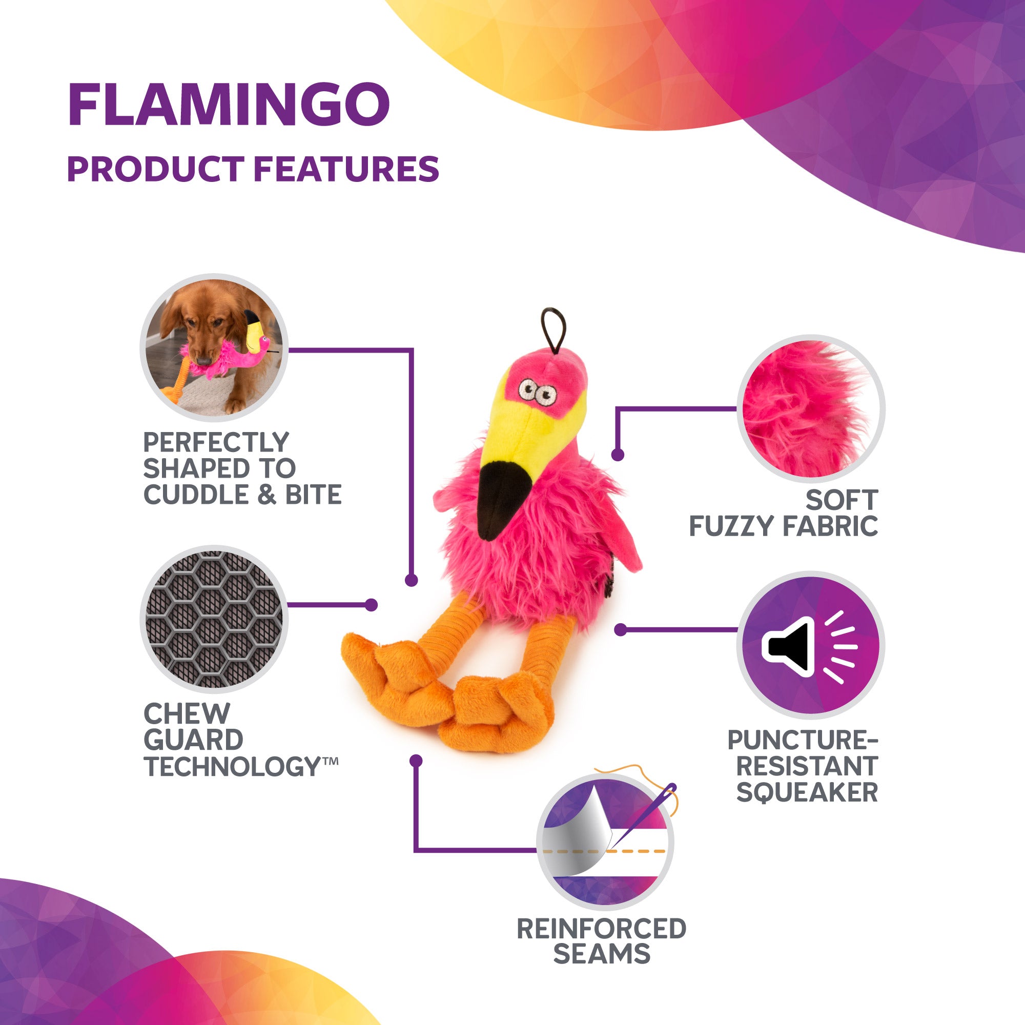 TrustyPup Flamingo Dog Toy with Soft Chew Resistant Plush， Large