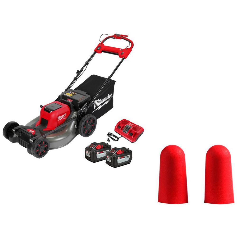 Milwaukee M18 FUEL Brushless Cordless 21 in. Walk Behind Dual Battery Self-Propelled Mower w(2)12Ah Batteries  10-Pack Earplugs 2823-22HD-48-73-3001