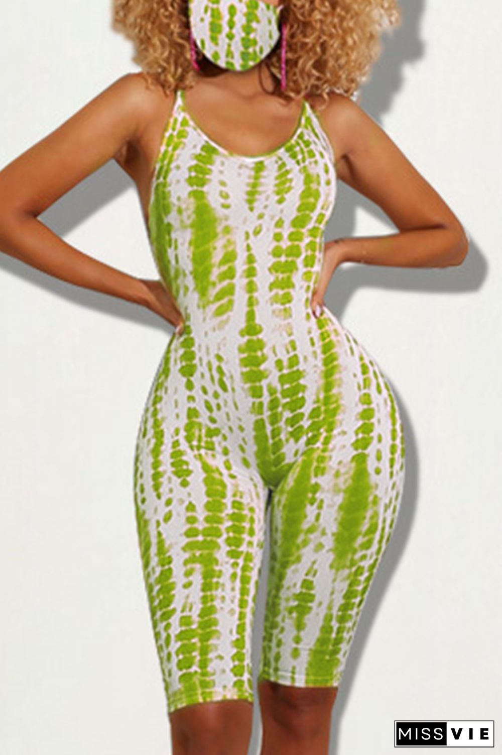 Green Sexy Print Patchwork Spaghetti Strap Skinny Rompers