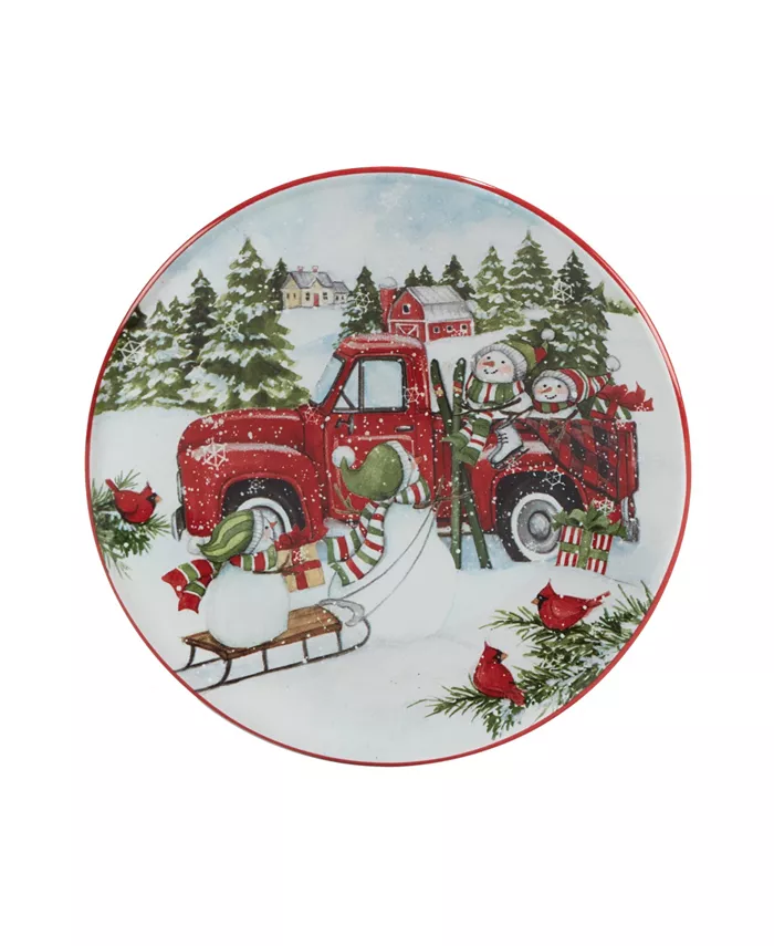 Certified International Red Truck Snowman 4 Piece Canape Plate Set